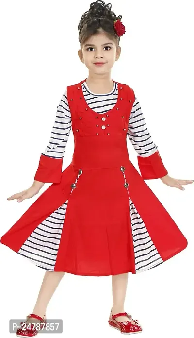 MEHZIN Girls Cotton Silk Calf Length Festive/Wedding Striped A- Line Dress (Red::White, 11-12 Years)