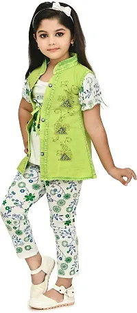 MEHZIN Girl's Cotton Blend Printed Casual Wear Top  Pant With Jacket (Green  White, 1-2 Years)-thumb2