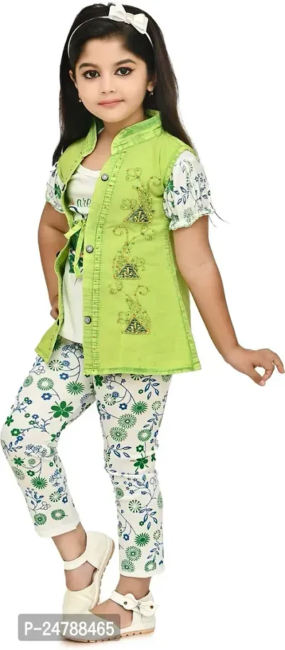 MEHZIN Girl's Cotton Blend Printed Casual Wear Top  Pant With Jacket (Green  White, 1-2 Years)-thumb3