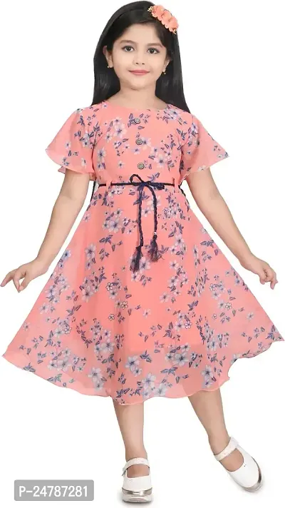 MEHZIN Girls Cotton Blend Below Knee Casual Printed Fit and Flare Dress-thumb0