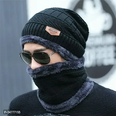 Winter Cap Inside Fur Wool Unisex Beanie Cap with Neck Warmer Set