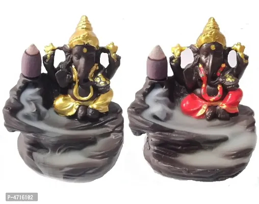 Luvcraft Set of 2 Backflow Incense Burner Lord Ganesha Emblem Auspicious and Success Cone Censer Home Decor Ganesha Stick Holders with 20 Backflow Cones Polyresin Incense Holder Set  (Red, Gold)