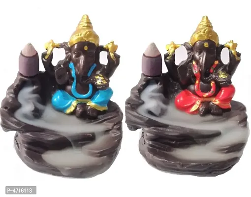 Luvcraft Set of 2 Backflow Incense Burner Lord Ganesha Emblem Auspicious and Success Cone Censer Home Decor Ganesha Stick Holders with 20 Backflow Cones Polyresin Incense Holder Set  (Blue, Red)