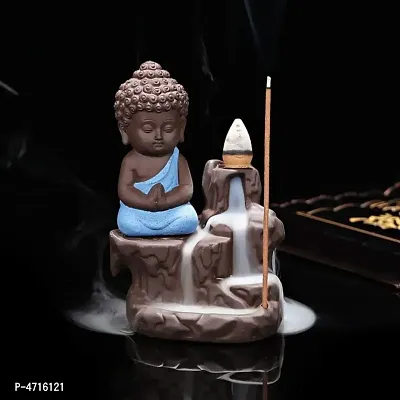 Luvcraft Meditating Monk Buddha Smoke Backflow Cone Incense Decorative Showpiec Polyresin Incense Holder  (Blue)