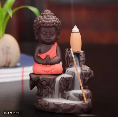 Luvcraft Meditating Monk Buddha Smoke Backflow Cone Incense Decorative Showpiece Polyresin Incense Holder  (Red)-thumb0