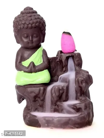 Luvcraft Meditating Monk Buddha Smoke Backflow Cone Incense Decorative Showpiece Polyresin Incense Holder  (Green)