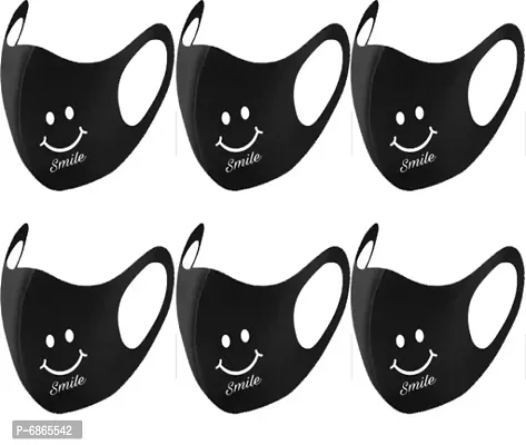 smile logo printed face mask black color good quality Anti pollution stretchable face masks for men  Women pack of 6-thumb0