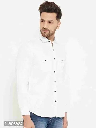 Reliable White Cotton Blend Solid Long Sleeves Casual Shirt For Men-thumb3