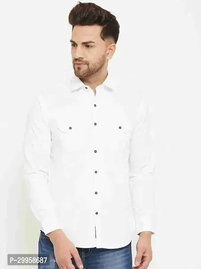 Reliable White Cotton Blend Solid Long Sleeves Casual Shirt For Men-thumb0