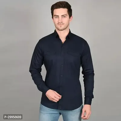 Reliable Navy Blue Cotton Blend Solid Long Sleeves Casual Shirt For Men