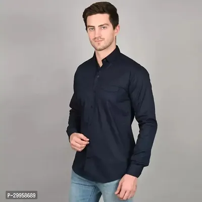 Reliable Navy Blue Cotton Blend Solid Long Sleeves Casual Shirt For Men-thumb3