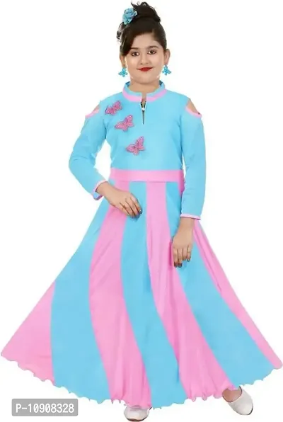 Girls Sky Blue and Pink Combination Lycra Blend Maxi Length Long Dress-thumb0