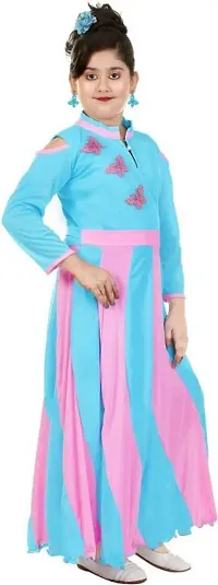 Girls Sky Blue and Pink Combination Lycra Blend Maxi Length Long Dress-thumb1