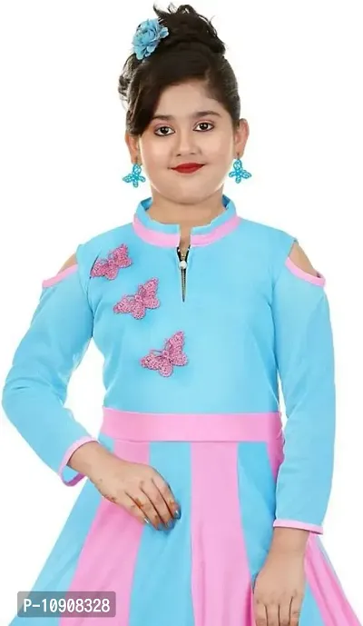 Girls Sky Blue and Pink Combination Lycra Blend Maxi Length Long Dress-thumb3