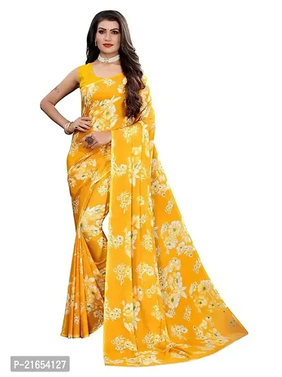 Spacekart Women's Floral yellow Georgette Saree with Unstitched Blouse Piece-thumb0