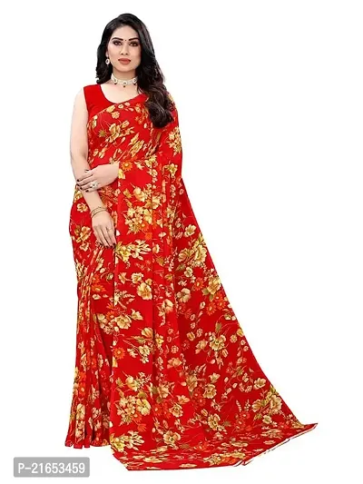 Spacekart Women's floral red Georgette Saree with Unstitched Blouse Piece