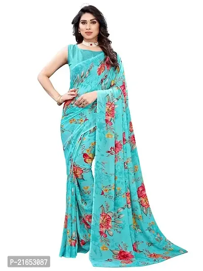 Spacekart Women's Blue Floral Georgette Saree with Unstitched Blouse Piece