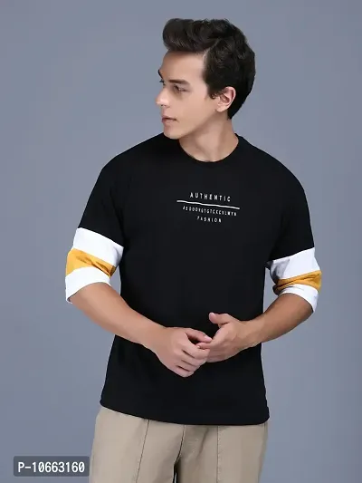 Reliable Black Cotton Self Pattern Round Neck Tees For Men