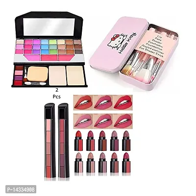 Face Makeup Combo (TYA 6155 Makeup Kit + 7 Pc Makeup Brush With Storage Box + Set Of 2 Pcs Nude Edition 5 In 1 Lipstick)