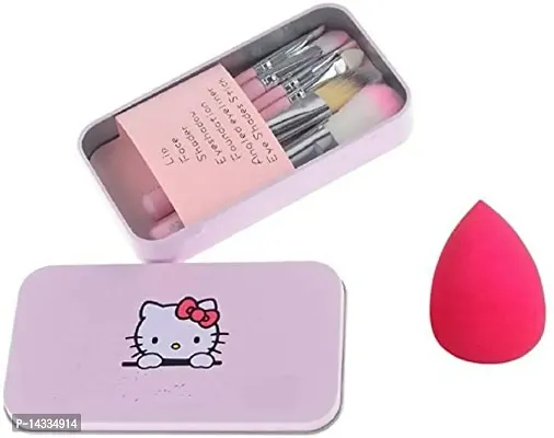7 Pcs Pink Cosmetics Makeup Brush Set With Kitty Print Storage Box And 1 Pink Beauty Blender - (Pack Of 8)