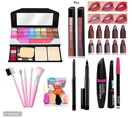 Face Makeup Combo (TYA 6155 Makeup Kit + 5 Pc Makeup Brush+ 2 Kajal + Liquid Eye Liner + 36H Eye Liner + Mascara + 6 Pc Puff + Red Edition 5 In 1 Lipstick + Nude Edition 5 In 1 Lipstick))-thumb0