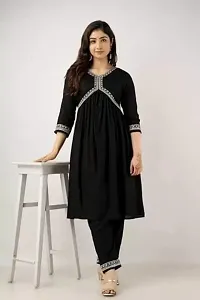 Women's Aliya Cut Cotton Rayon Kurta with Pant Set (X-Large, Black)-thumb2