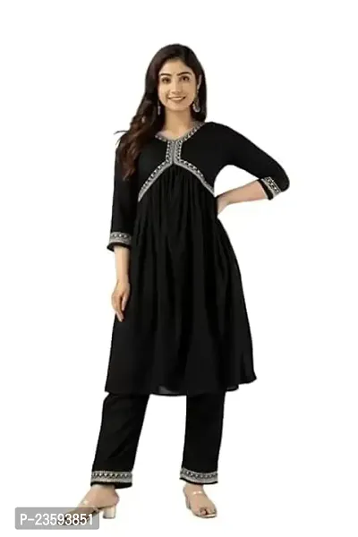 Women's Aliya Cut Cotton Rayon Kurta with Pant Set (X-Large, Black)-thumb0