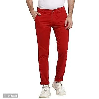 Stylish Red Cotton Blend Solid Regular Trousers For Men