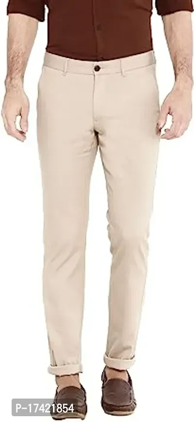 Stylish Beige Cotton Blend Solid Regular Trousers For Men-thumb0