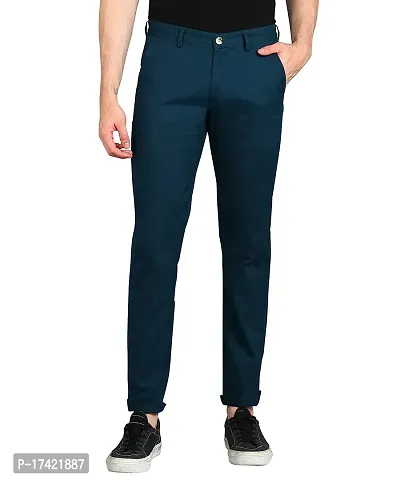 Stylish Turquoise Cotton Solid Regular Trousers For Men