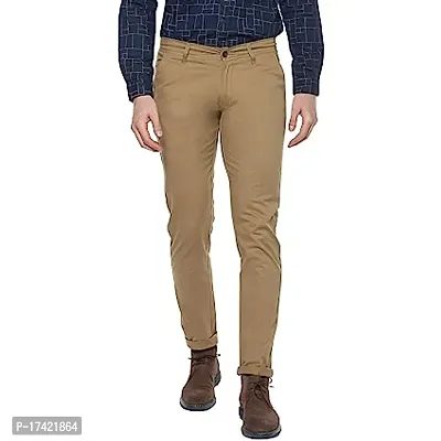 Stylish Khaki Cotton Blend Solid Regular Trousers For Men