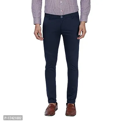 Stylish Navy Blue Cotton Solid Regular Trousers For Men-thumb0