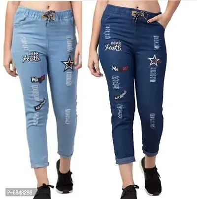 Blue Denim Printed Jeans   Jeggings For Women