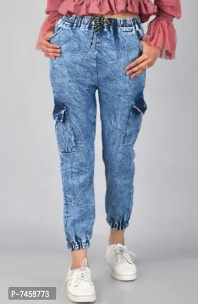 Trendy Latest Stylish 6 Pocket Blue Jogger Denim Cargo Jeans  pants For Girls  Women-thumb0
