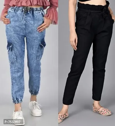 Trendy Latest 6 Pocket Blue Denim Joggers Cargo Jeans  Pants For Girls  Women (Combo Of 2)-thumb0