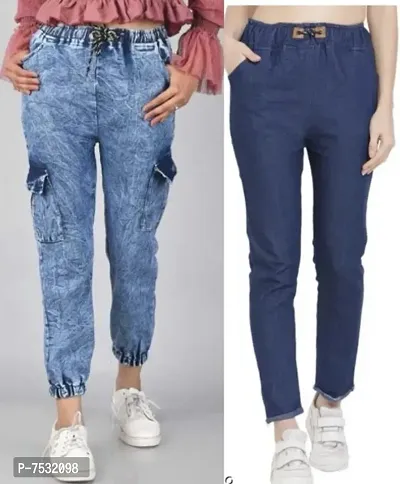 Trendy Latest 6 Pocket Blue Denim Joggers Cargo Jeans  Pants For Girls  Women (Combo Of 2)