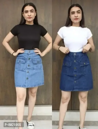 Trendy Latest Women Western Blue Denim Skirts/Shorts For Girls (Combo Of 2)-thumb0