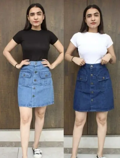 Trendy Latest Women Western Blue Denim Skirts/Shorts For Girls (Combo Of 2)