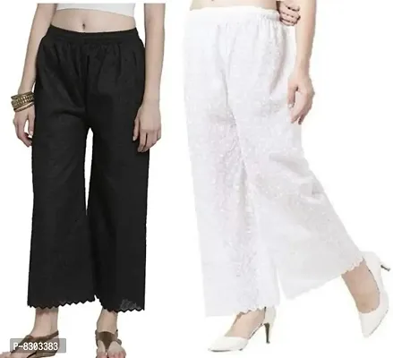 Stylish Latest Full Length Cotton Chikankari/Chikan Palazzo  Fit Women Bell Bottom Pants For Girls (Pack Of 2)-thumb0