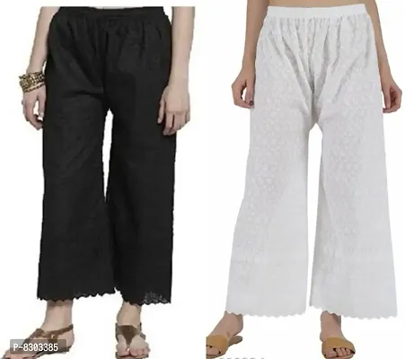 Stylish Latest Full Length Cotton Chikankari/Chikan Palazzo  Fit Women Bell Bottom Pants For Girls (Combo Pack Of 2)-thumb0