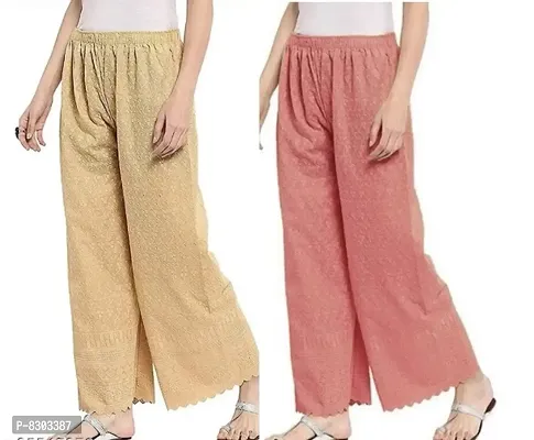 Stylish Latest Full Length Cotton Chikankari/Chikan Palazzo  Fit Women Bell Bottom Pants For Girls (Combo Pack Of 2)-thumb0