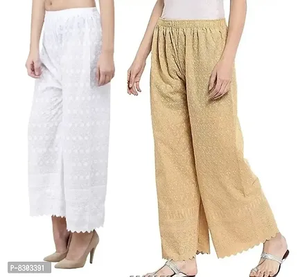 Stylish Latest Full Length Cotton Chikankari/Chikan Palazzo  Fit Women Bell Bottom Pants For Girls (Combo Pack Of 2)-thumb0