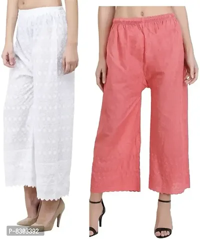 Stylish Latest Full Length Cotton Chikankari/Chikan Palazzo  Fit Women Bell Bottom Pants For Girls (Combo Pack Of 2)