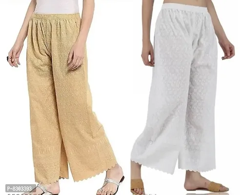 Stylish Latest Full Length Cotton Chikankari/Chikan Palazzo  Fit Women Bell Bottom Pants For Girls (Combo Pack Of 2)