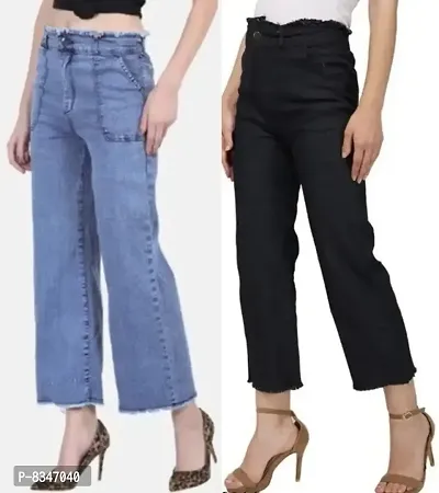 Black Denim Jeans/Joggers/Palazzo/Trousers Fit Women Blue Bell Bottom Pants For Girls  Ladies (Combo Pack Of 2)-thumb0