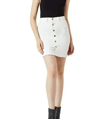 Solid Front Button Denim Skirt