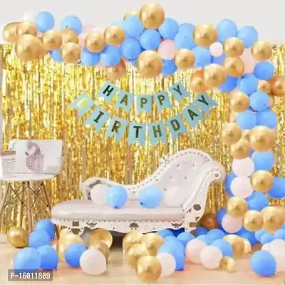 Kaliram  Sons 30 Pcs Blue Gold White HD Metallic Balloons Birthday Decoration Kit Combo, 10 Gold Balloons, 10 Blue Balloons, 10 White Balloons, 1 Birthday Banner, 2 Gold Foil Curtains