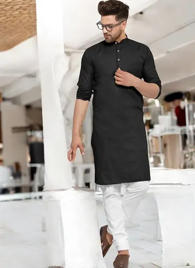 Reliable Blend Solid Knee Length Kurta For Men