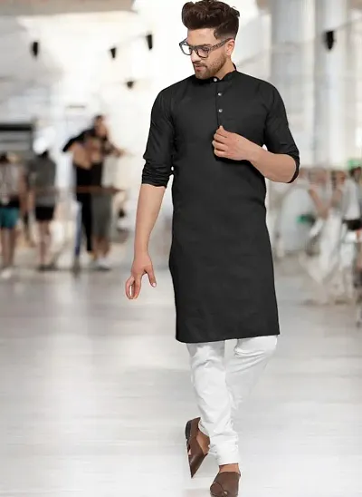 Reliable Blend Solid Knee Length Kurta For Men