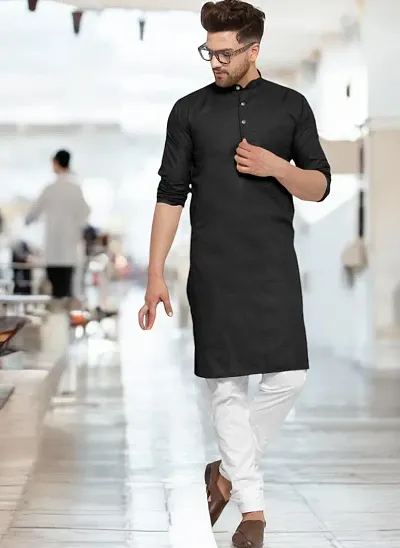 Reliable Blend Solid Knee Length Kurta For Men